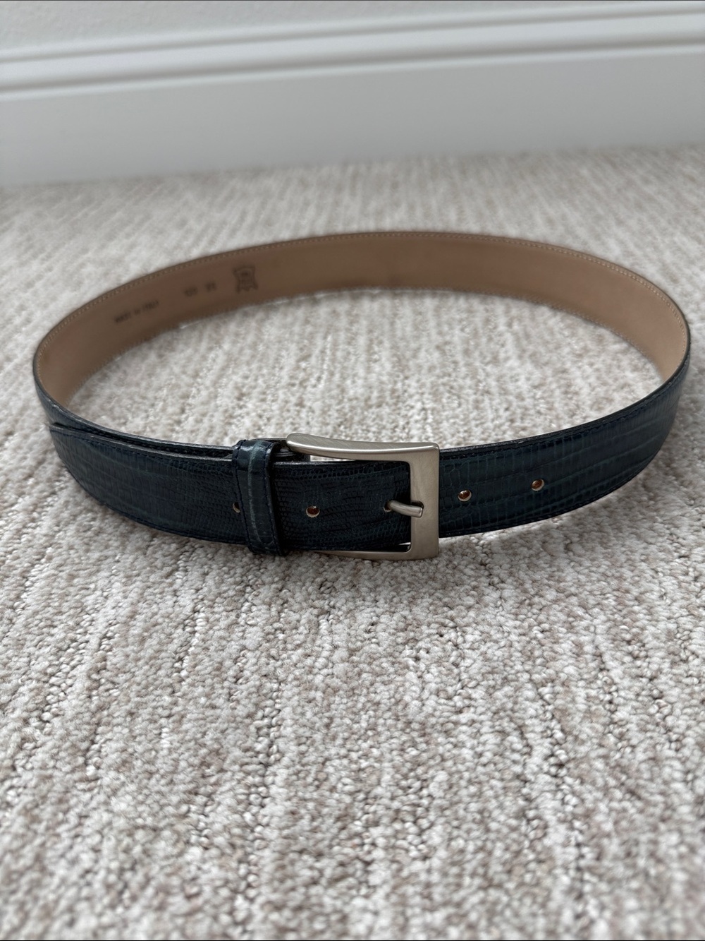 Unisex Blue Lizard Textured Leather Belt Made in Italy
